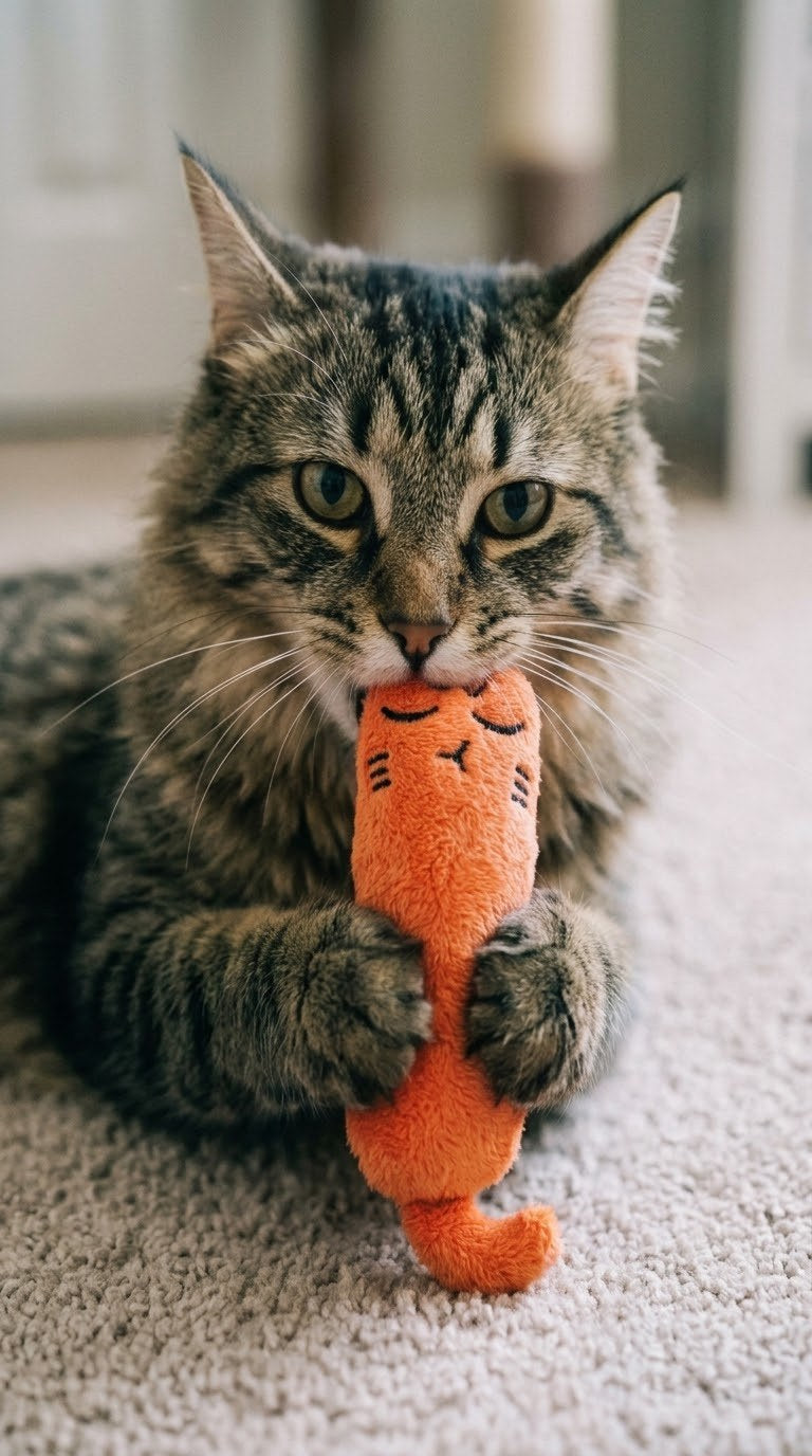 Chat tigré qui mordille un jouet en peluche orange